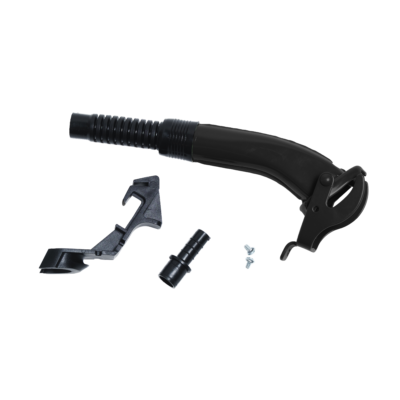 Close-up of a black adjustable mounting clamp with a ribbed flexible hose and small screws visible.