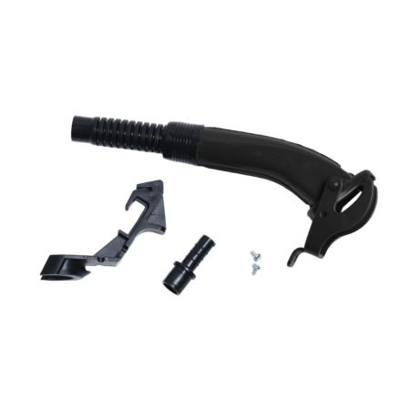 Close-up of a black adjustable mounting clamp with a ribbed flexible hose and small screws visible.