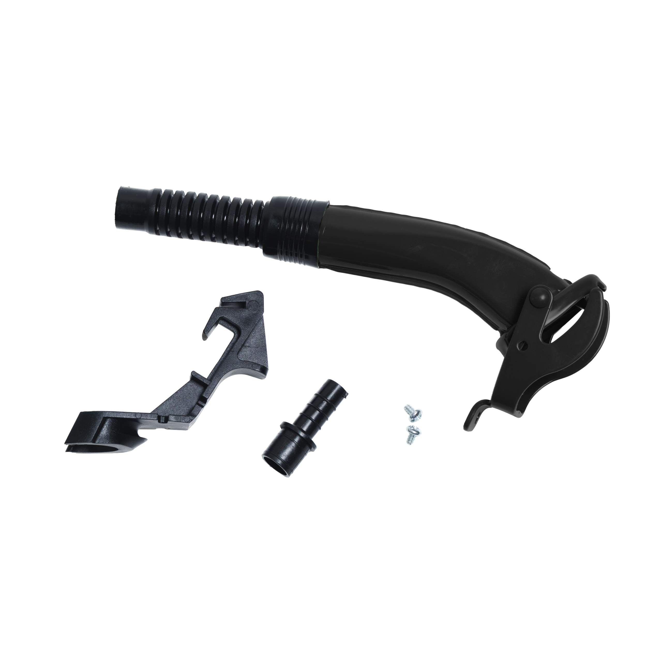 Close-up of a black adjustable mounting clamp with a ribbed flexible hose and small screws visible.
