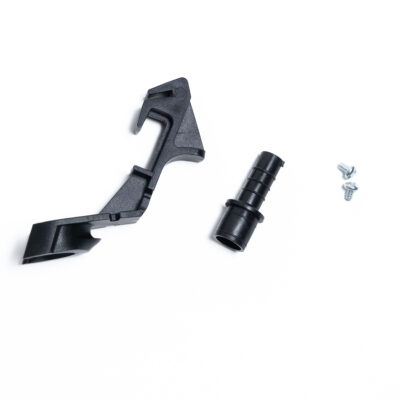 Close-up of a black plastic adjustable clamp with screws on a white background, showing the jaw and hinge area