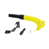 Close-up of a yellow handheld tool consisting of a black ribbed grip and a yellow body, showing parts of a trigger mechanism against a dark background.