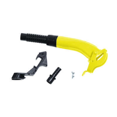 Close-up of a yellow handheld tool consisting of a black ribbed grip and a yellow body, showing parts of a trigger mechanism against a dark background.