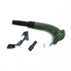 Close-up of a green toy gun with a black ribbed barrel and scattered metal screws on a white background.