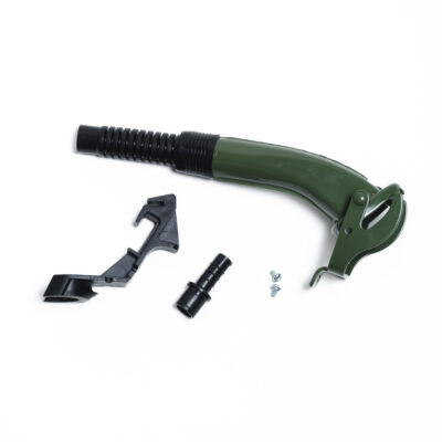 Close-up of a green toy gun with a black ribbed barrel and scattered metal screws on a white background.
