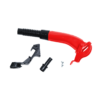 Close-up of a red handheld power tool with a black ribbed nozzle and attached components on a black background.