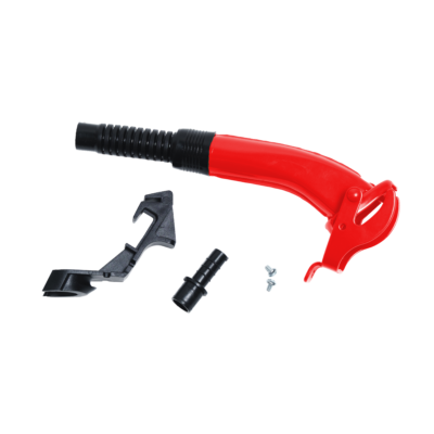 Close-up of a red handheld power tool with a black ribbed nozzle and attached components on a black background.