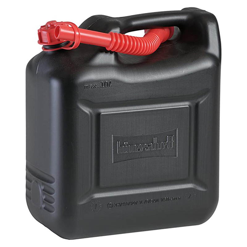 10 litre plastic fuel can in black with red accessories