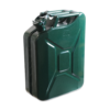 Close-up of a green 20-liter plastic jerry can with a built-in pour spout and handle on top.