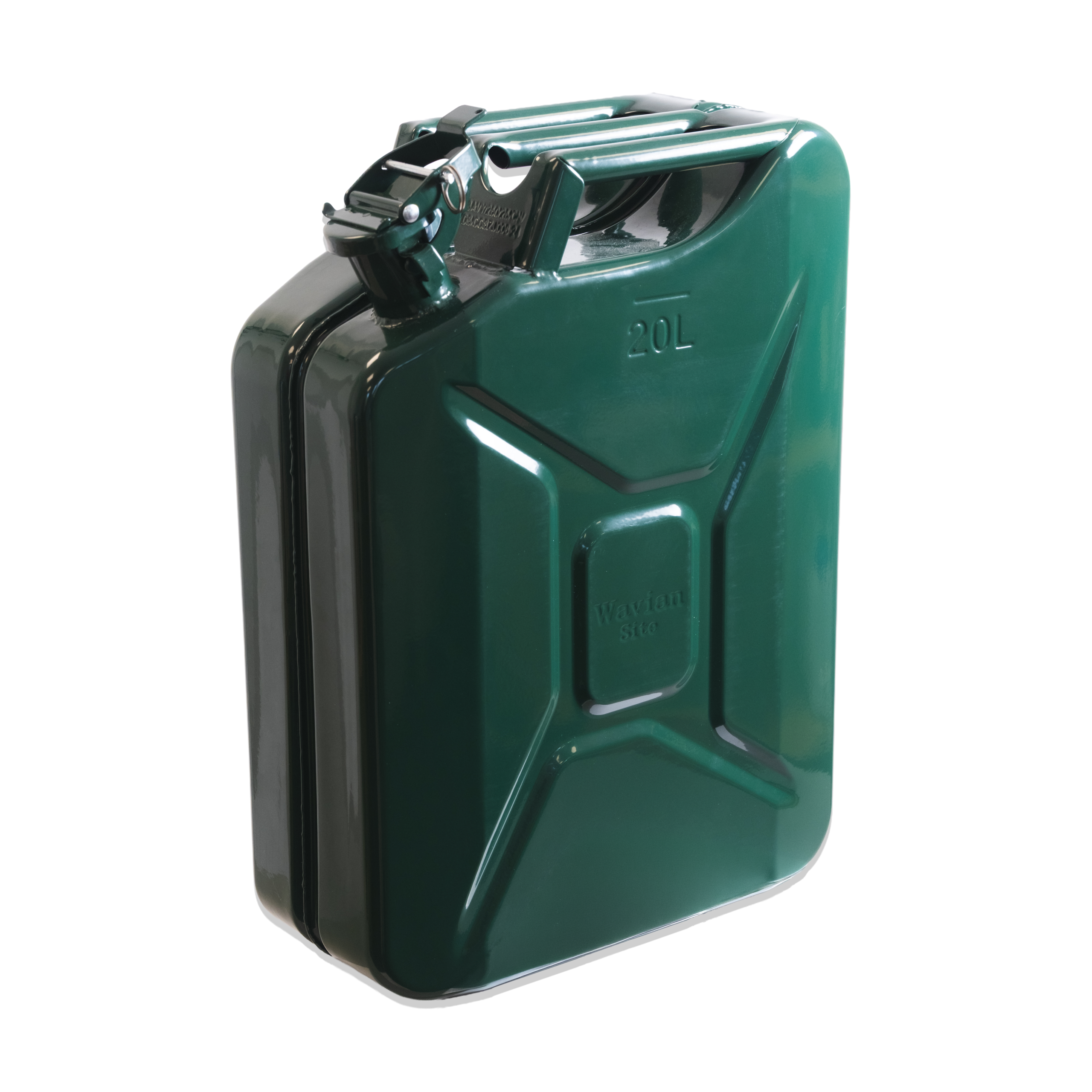 Close-up of a green 20-liter plastic jerry can with a built-in pour spout and handle on top.