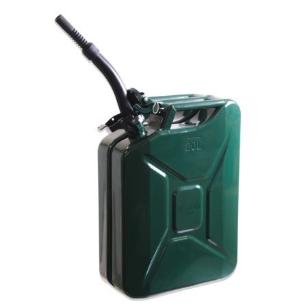 Green 20L plastic container with a black curved handle and pump lever, part of a garden sprayer.