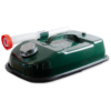 Green portable gasoline can with a white ribbed pour spout and red cap, viewed from above edge.