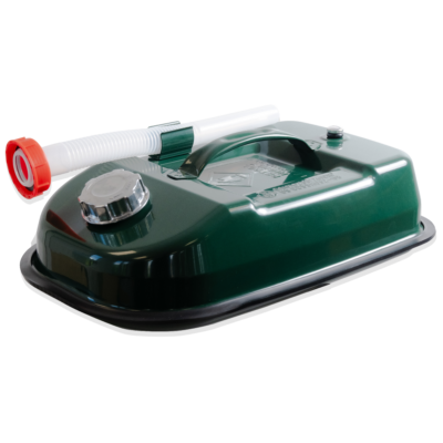 Green portable gasoline can with a white ribbed pour spout and red cap, viewed from above edge.
