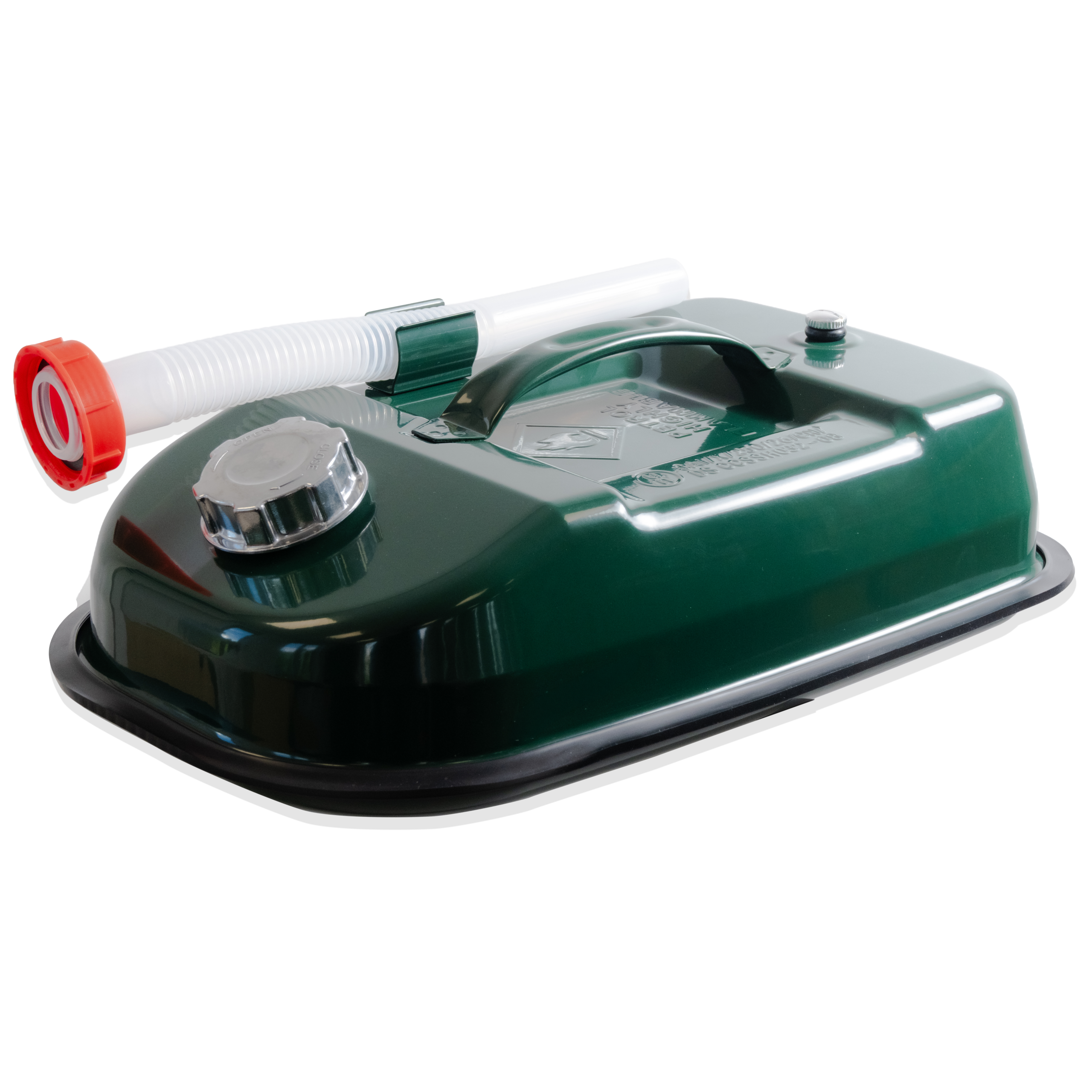 Green portable gasoline can with a white ribbed pour spout and red cap, viewed from above edge.