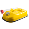 Close-up of a yellow gas can with a white flexible siphon nozzle and a red end cap on the nozzle area.