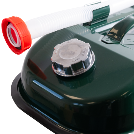 Close-up of a green vehicle fuel tank with a silver gas cap and a white ribbed hose nearby, secured by an orange ring.