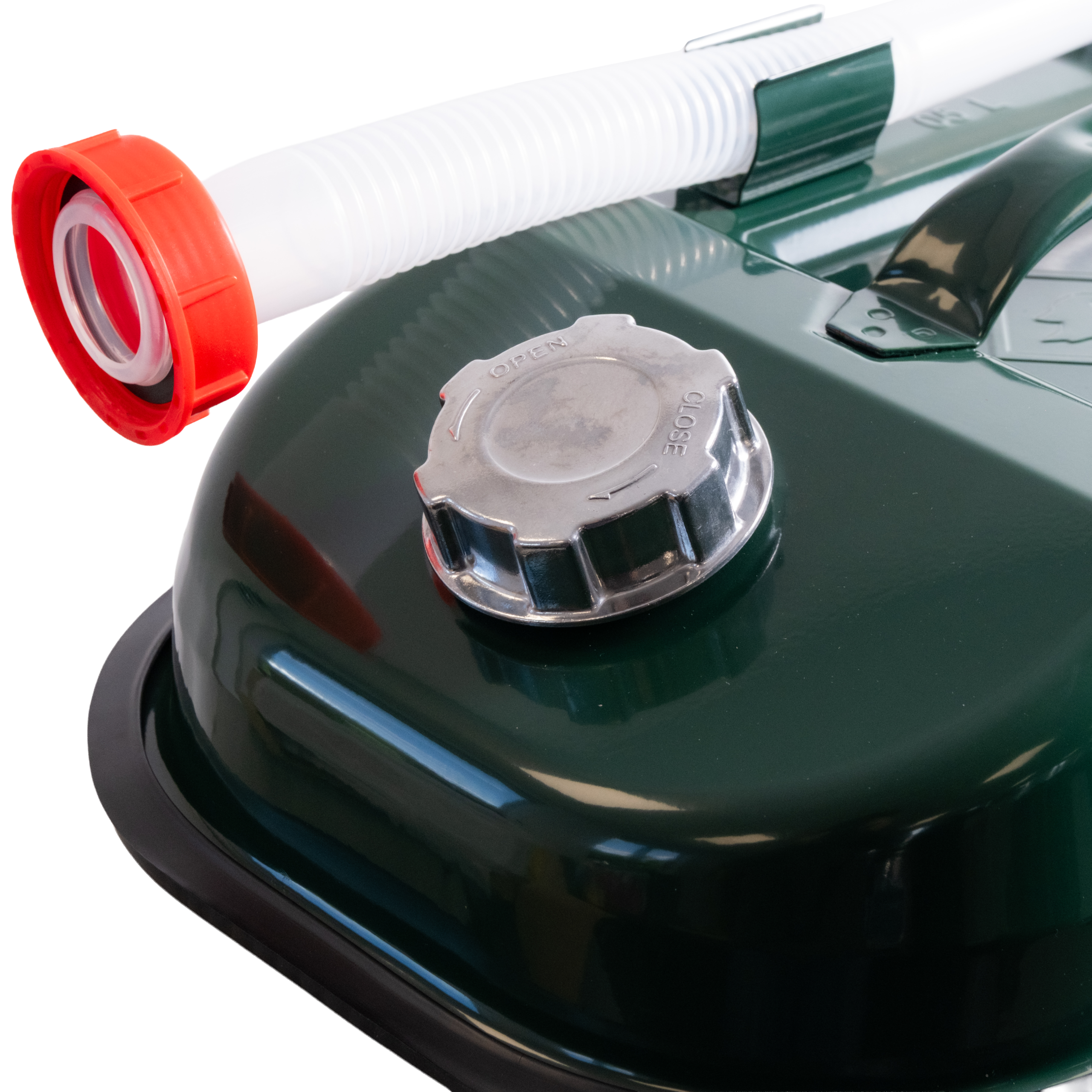 Close-up of a green vehicle fuel tank with a silver gas cap and a white ribbed hose nearby, secured by an orange ring.
