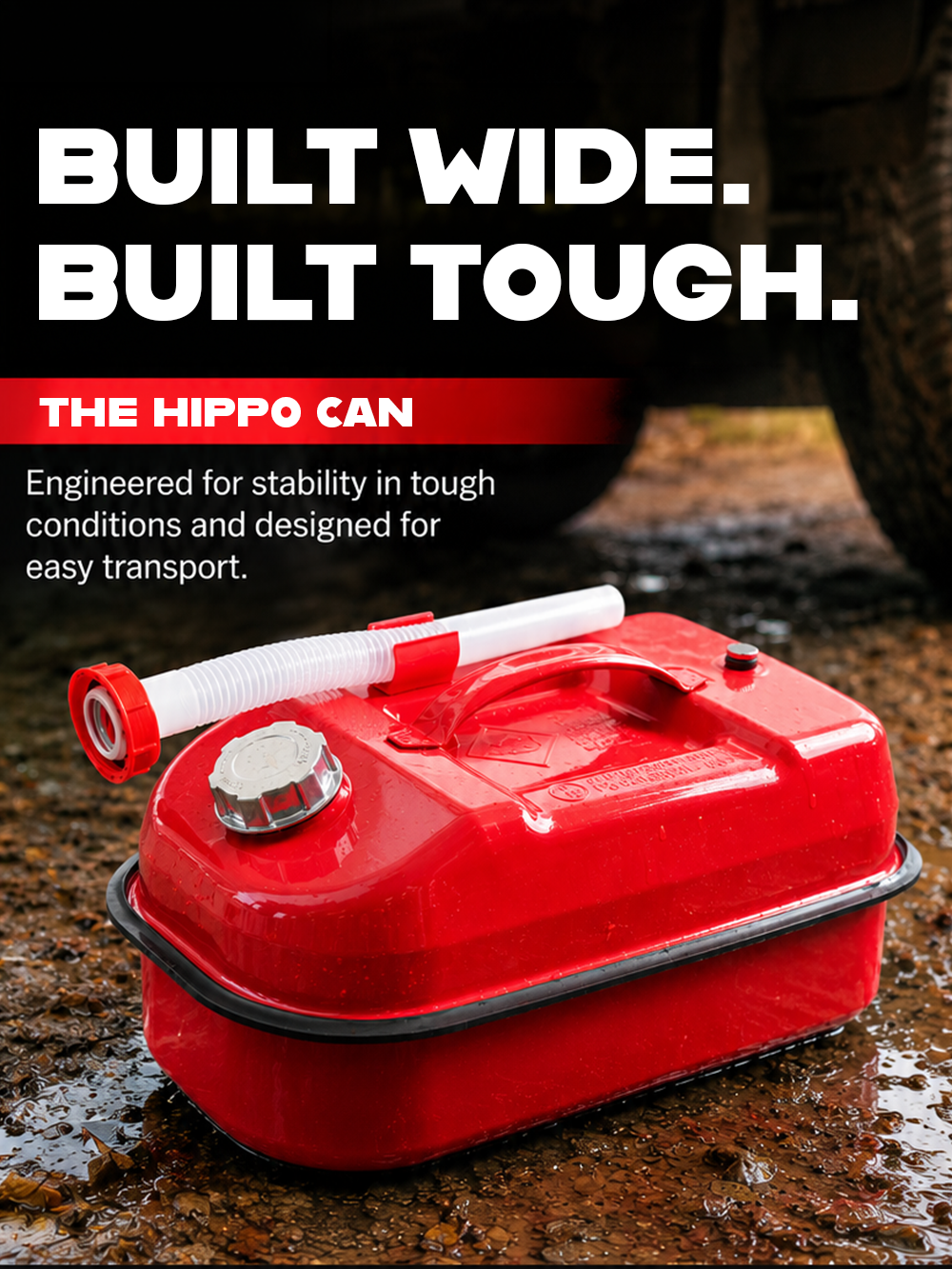 Red rugged fuel can with hose on a muddy surface, overlaid with bold white text: 'BUILT WIDE. BUILT TOUGH.' and a red banner 'THE HIPPO CAN'.