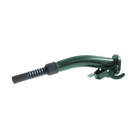 Close-up of a green garden hose nozzle with a black rubber tip and ribbed grip, ready to spray water