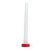 Close-up of a white plastic dispensing tube with external threads and red screw‑cap at the bottom.