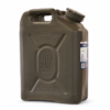 Olive 20L fuel canister with built-in handle and a side label sticker used for fuel storage and transport of potable fuel (military style).