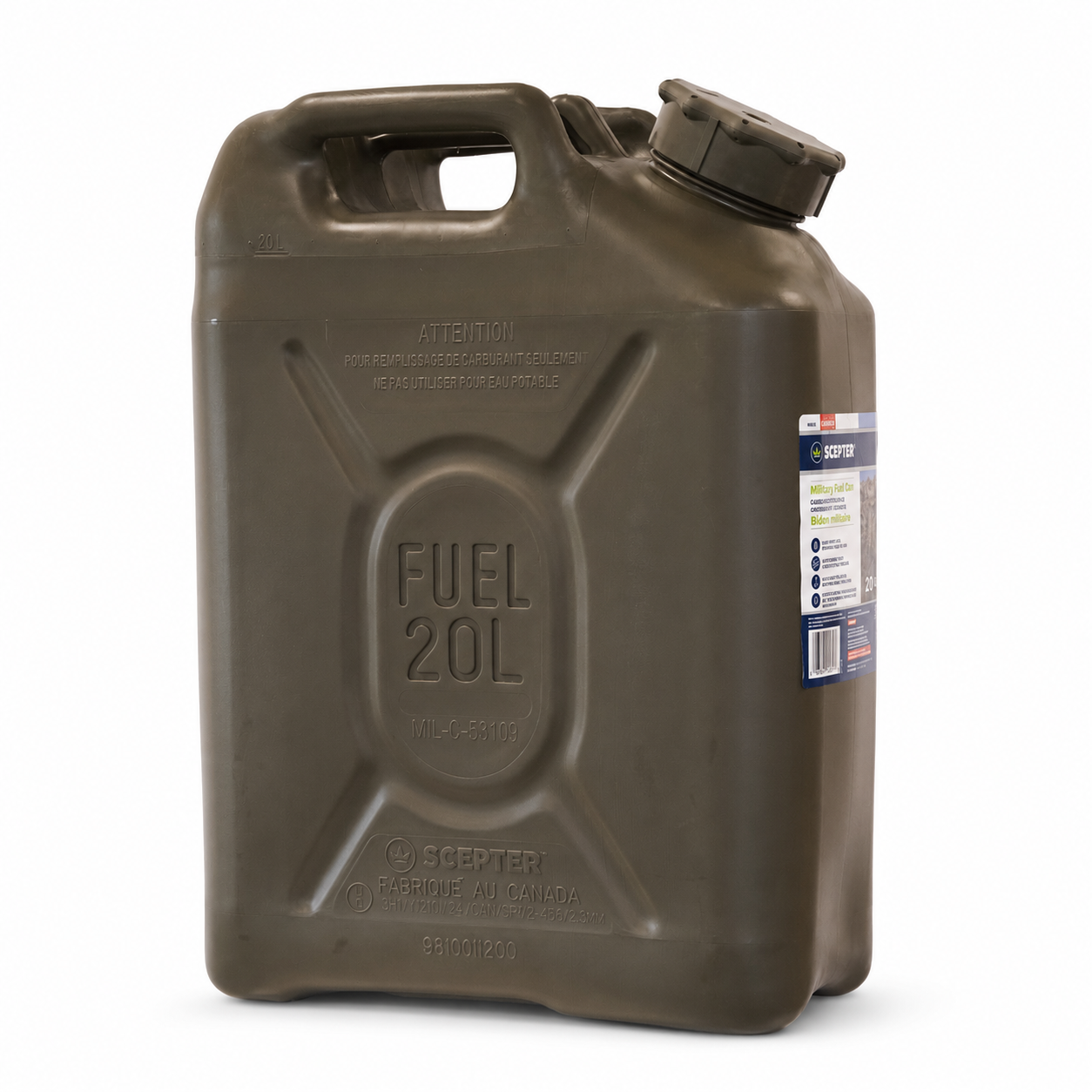 Olive 20L fuel canister with built-in handle and a side label sticker used for fuel storage and transport of potable fuel (military style).