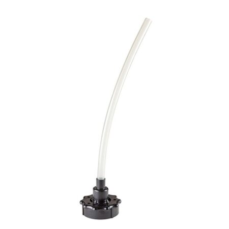 Siphon pump with flexible white tube and black base for transferring liquids