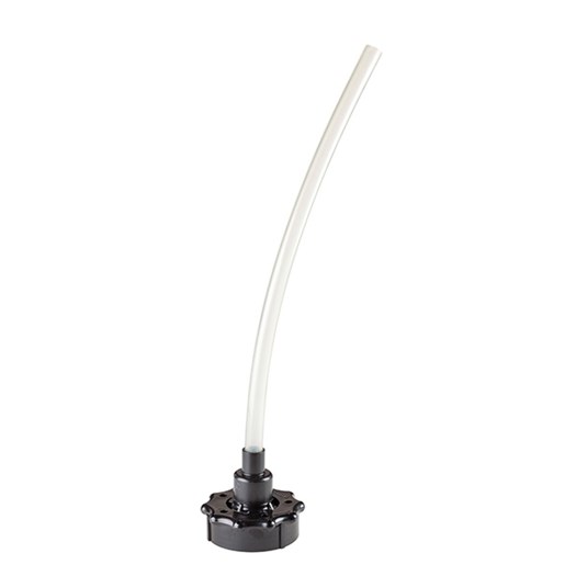 Siphon pump with flexible white tube and black base for transferring liquids